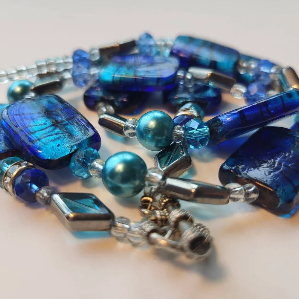 Vintage Glass Foil Bead Necklace Bracelet Set Blue Silver Tone Rectangle Beaded